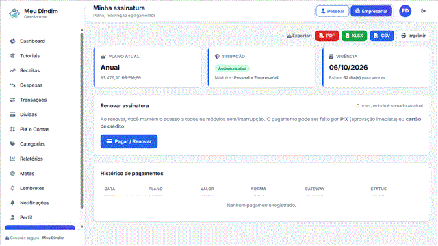 Minha assinatura com plano e histórico de pagamentos