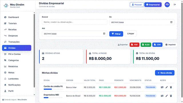 Controle de dívidas com parcelas e prazos no Meu Dindim