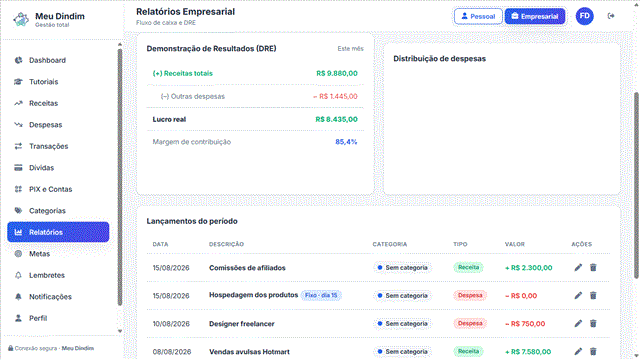 Opções de exportação de relatórios em PDF, Excel e CSV no Meu Dindim