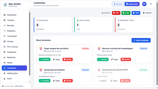 Lembretes de contas e compromissos no Meu Dindim