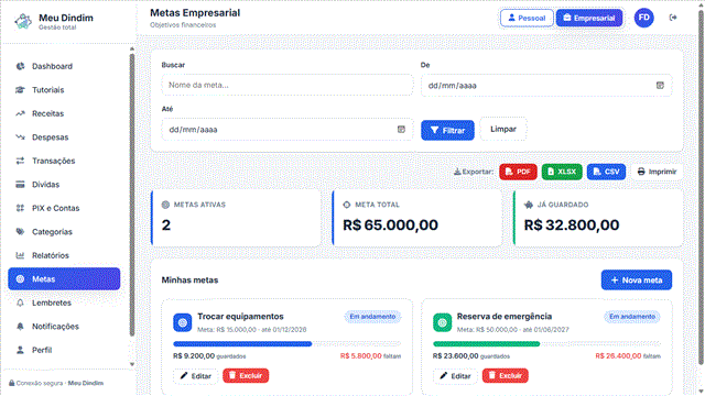 Metas financeiras com barras de progresso no Meu Dindim