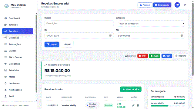 Módulo de receitas com gráfico de composição por categoria