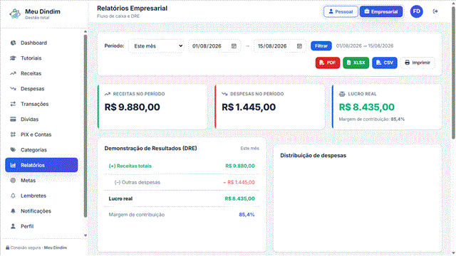 Relatórios de fluxo de caixa e DRE no Meu Dindim