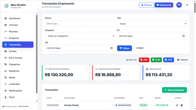 Central de transações com receitas e despesas no Meu Dindim